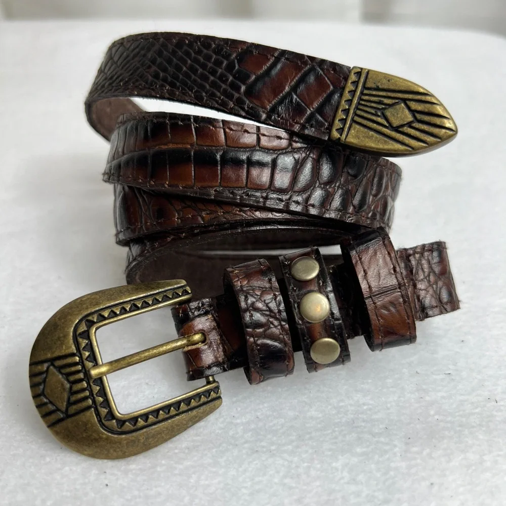 Lovestrength Brown Croc‎ Embossed Leather Western Belt Studded Brass Buckle P/S